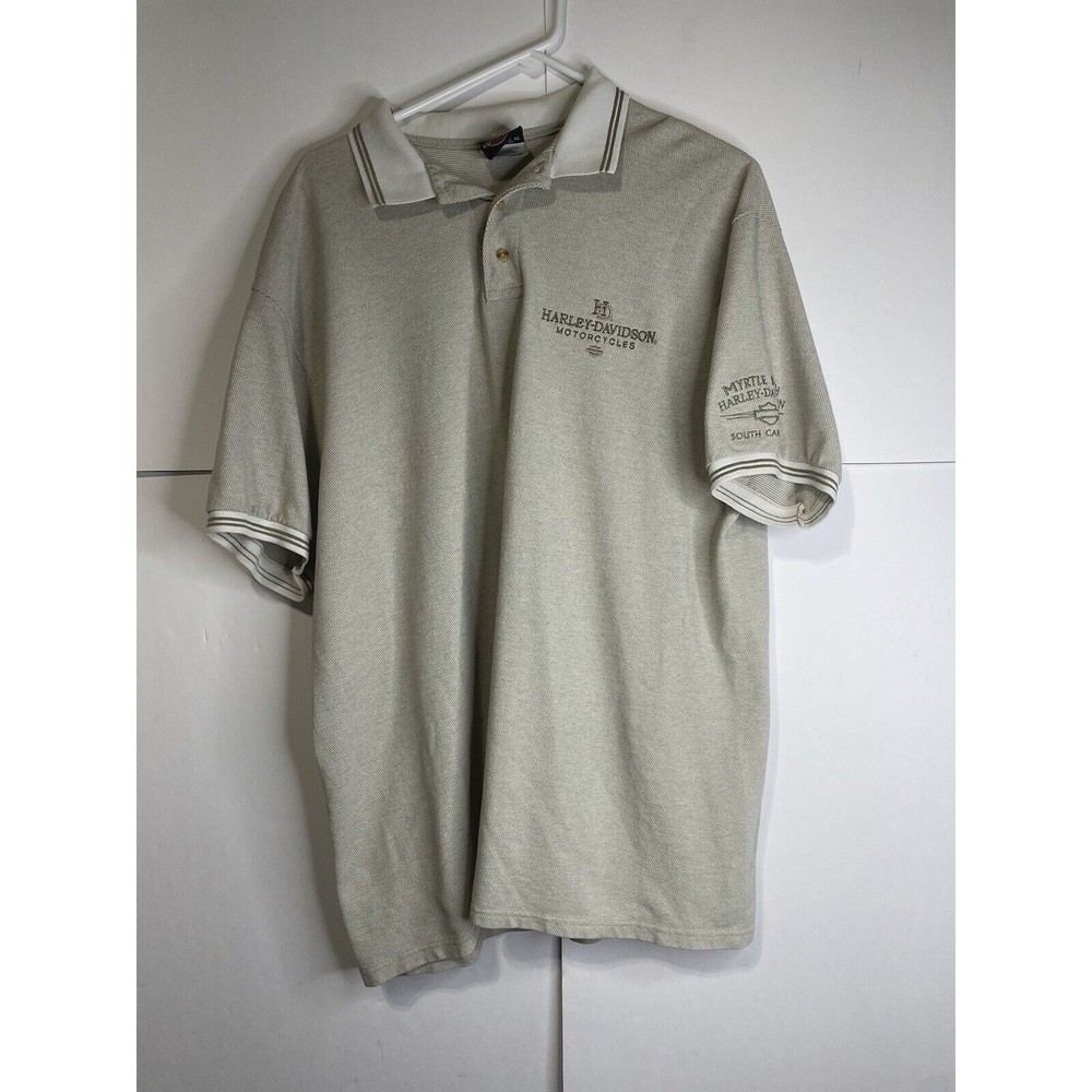 Vintage Harley Davidson Logo Polo Shirt Men's XL Light Beige Myrtle Beach SC